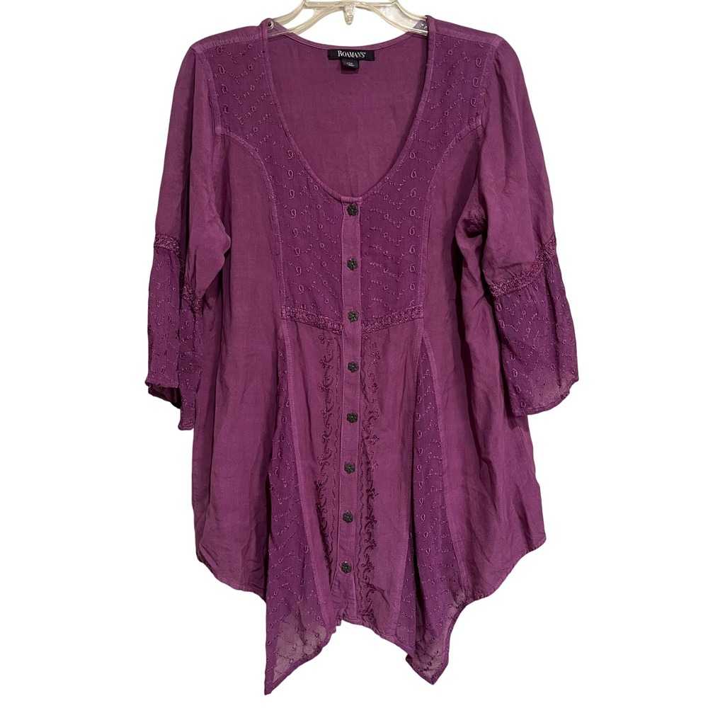 Roamans Blouse Purple Embroidered  Button Front 12W XL Boho Fairy Whimsigoth